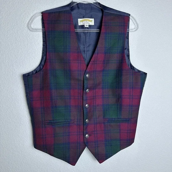 James Pringle Weavers Red Green Tartan Wool Vest Size Medium Made In Scotland - Picture 7 of 7